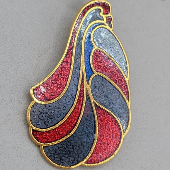 Vintage Cloisonné Enamel Dangle Earrings Red Blue Feather Design - Picture 2 of 4